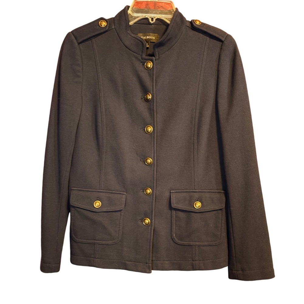 Talbots Women's‎ Navy Blue Military Utility Jacket Gold Buttons Stand Collar